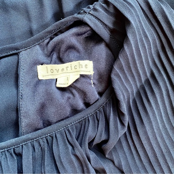 LoveRiche Pleated Chiffon Mini Dress Bishop Sleeve V Open Back Navy L - Picture 2 of 6